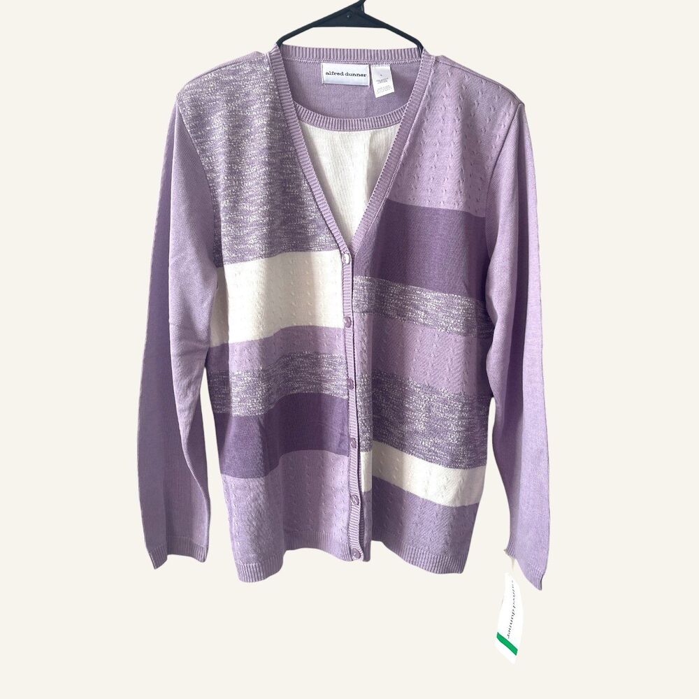 Alfred Dunner Sweater Purple Long Sleeve Crew Neck Button Accent Size Large NWT